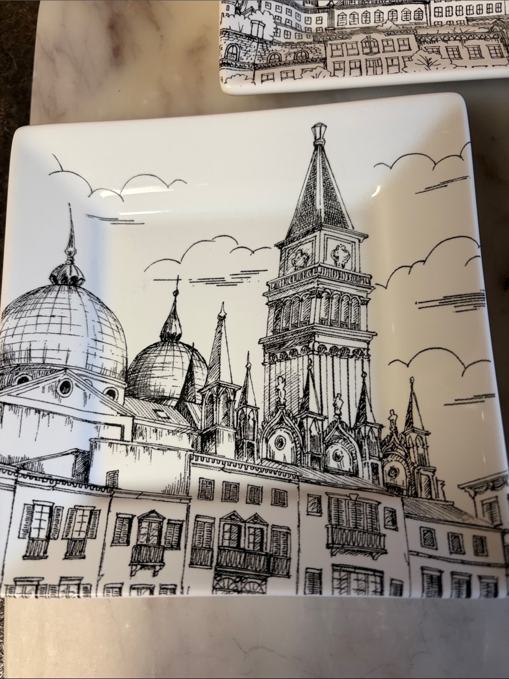 Three 222 Fifth White Ceramic Decorative Plate with Black Cityscape Illustration - Picture 3 of 7